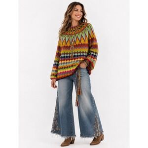 Hand Made Knit Sweater S Multicolor Fair Isle Diamond Mock Neck Boho